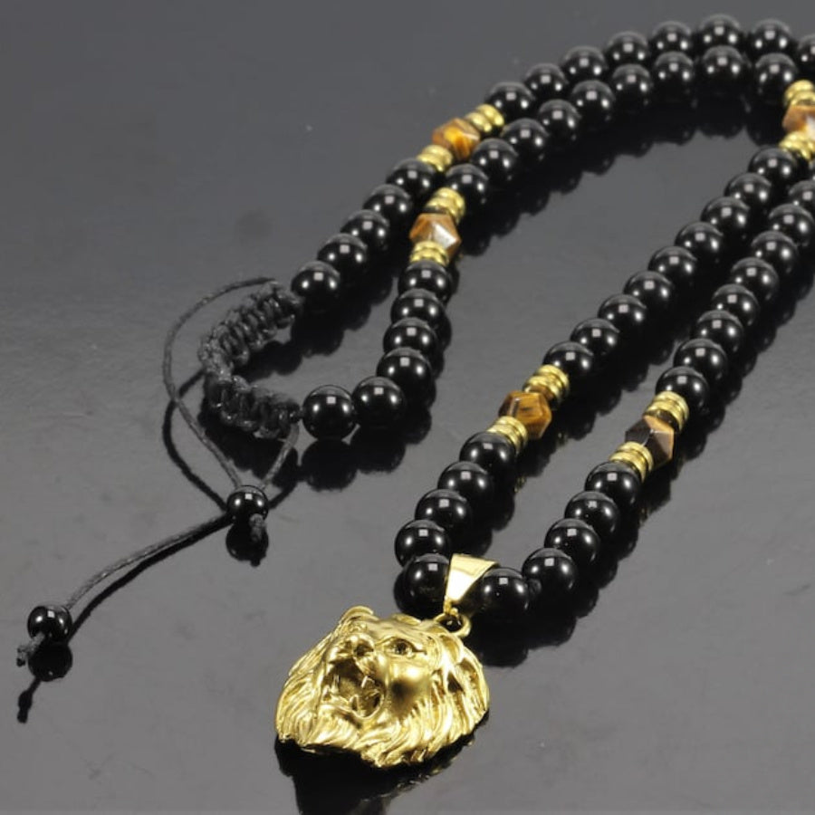[Tiger Eye Lion Pendant] Natural Tiger Eye & Black Onyx Beads Fashion Lion Pendant Necklace