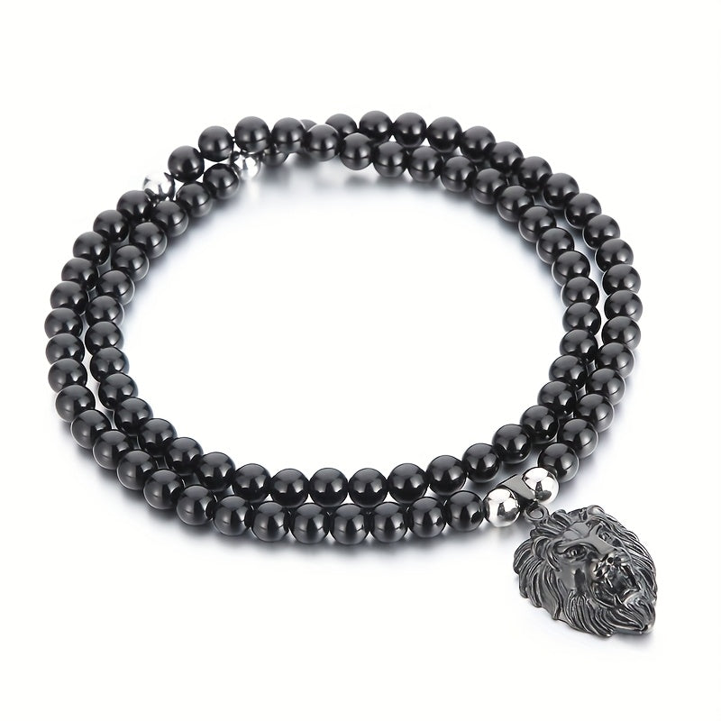 Lion Head Pendant Necklace with 8mm Black Agate Beads - Stainless Steel, 18K Golden Plated
