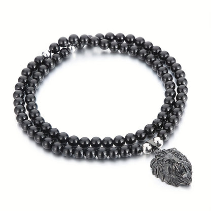 Lion Head Pendant Necklace with 8mm Black Agate Beads - Stainless Steel, 18K Golden Plated