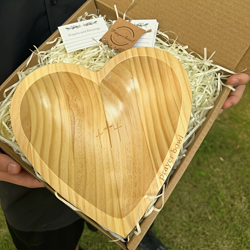 Wooden Prayer Bowl Heart-Shaped With Engraved Cross & "Prayer" Text