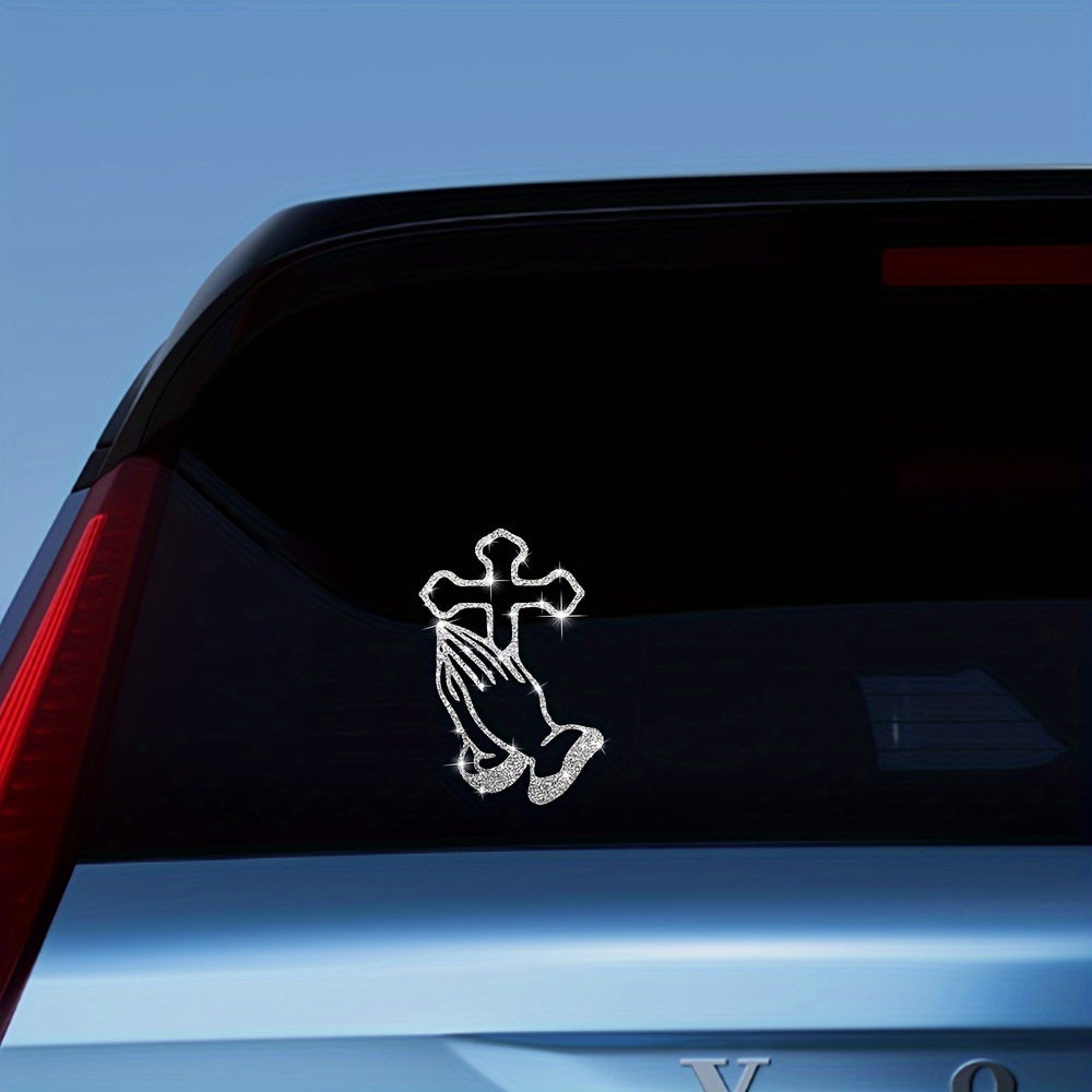 A Shiny Sticker Of A Cross With Hands Clasped In Prayer For Cars