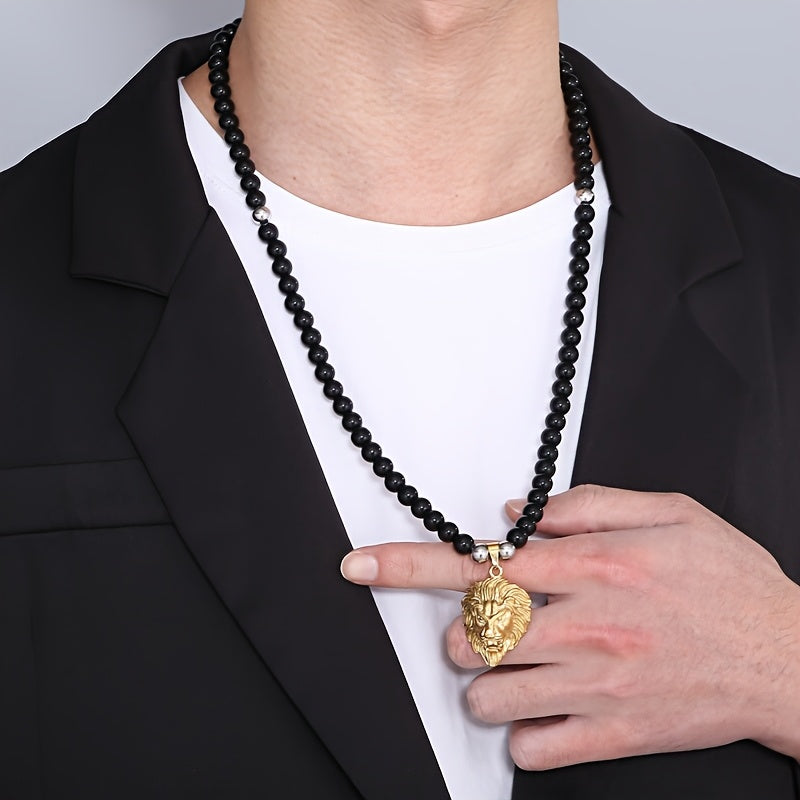 Lion Head Pendant Necklace with 8mm Black Agate Beads - Stainless Steel, 18K Golden Plated