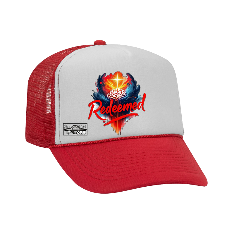 REDEEMED ORA COLLECTION- DTG PRINT FRONT, 5 Panel High Crown Mesh Back Trucker Hat