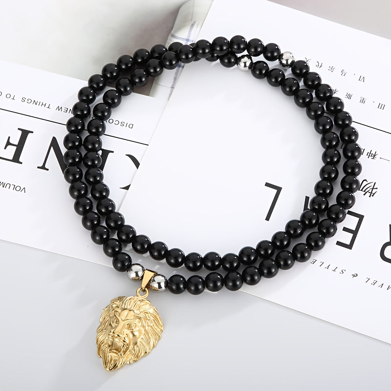 Lion Head Pendant Necklace with 8mm Black Agate Beads - Stainless Steel, 18K Golden Plated