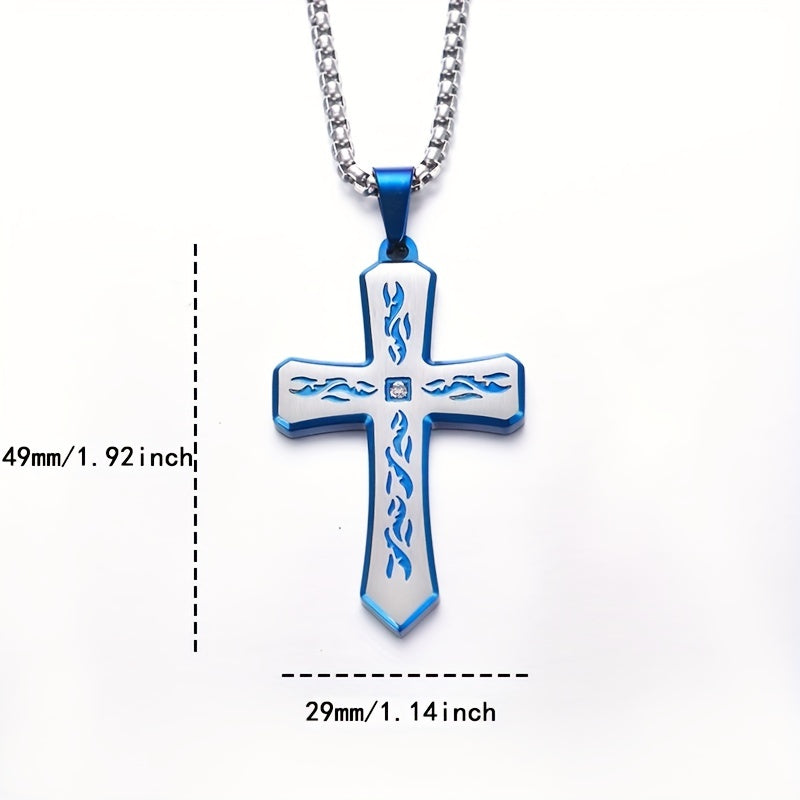 Stainless Steel Cross Pendant Necklace with Corroded Flame Design