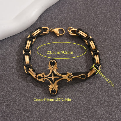 Beautifully Carved Stainless Steel Cross 8 Thick Cuban Chain Bracelet