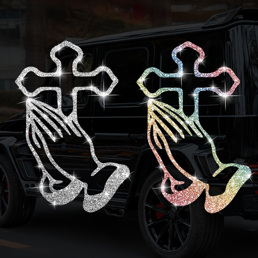 A Shiny Sticker Of A Cross With Hands Clasped In Prayer For Cars