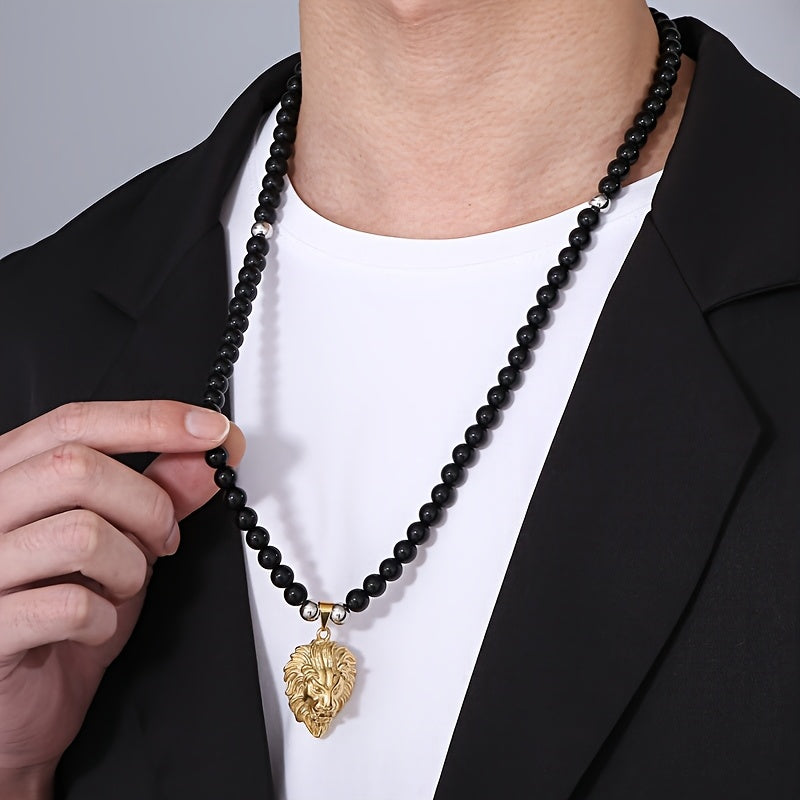 Lion Head Pendant Necklace with 8mm Black Agate Beads - Stainless Steel, 18K Golden Plated