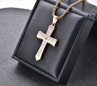 Stainless Steel Cross Pendant Necklace with Corroded Flame Design