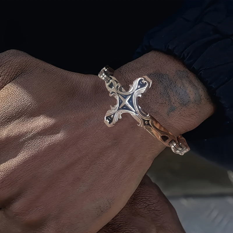 Thick Stainless Steel Cross Bracelet With 8mm Thick Emperor Chain