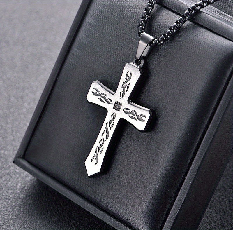 Stainless Steel Cross Pendant Necklace with Corroded Flame Design