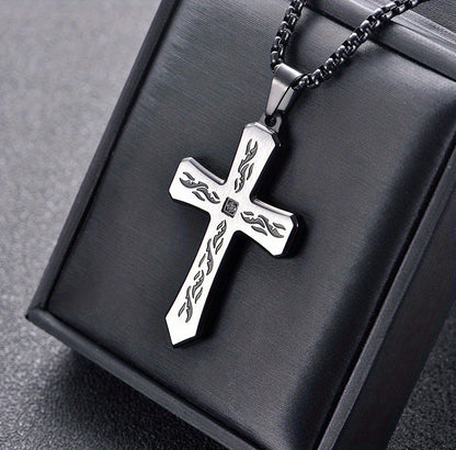 Stainless Steel Cross Pendant Necklace with Corroded Flame Design