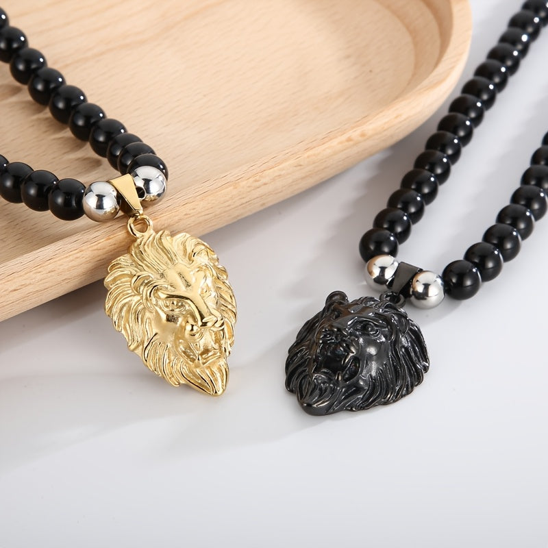 Lion Head Pendant Necklace with 8mm Black Agate Beads - Stainless Steel, 18K Golden Plated