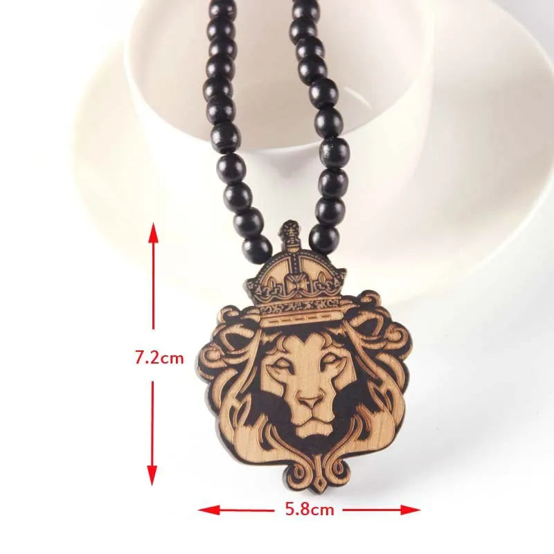 Crowned Lion Pendant Long Necklace Wood Beads