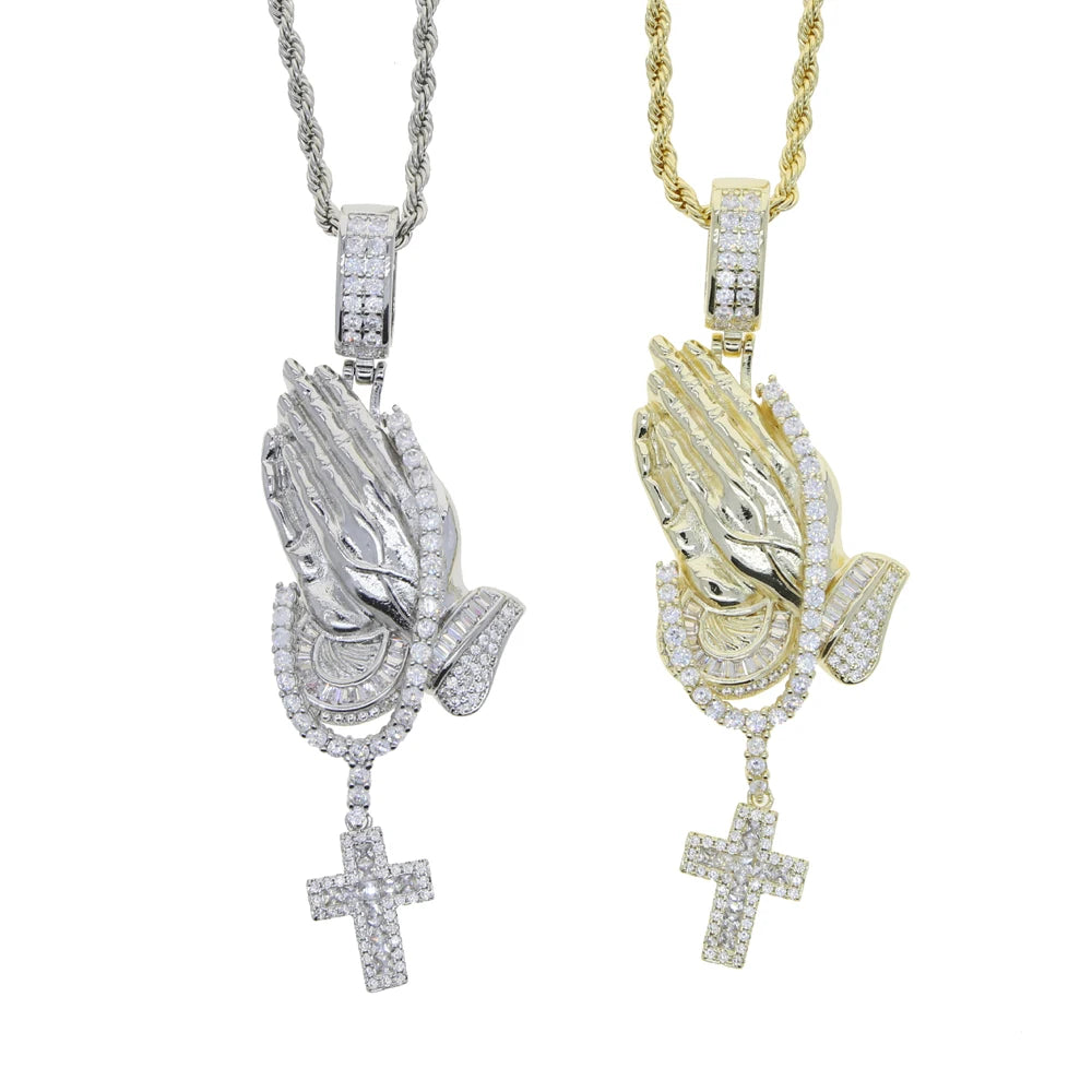 Iced Out Bling Praying Hands Cross Pendants Necklaces