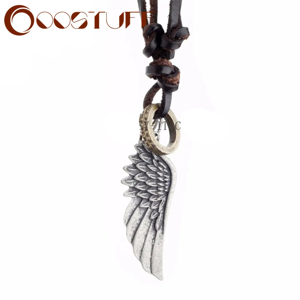 Genuine Leather Necklace with Angel Wing