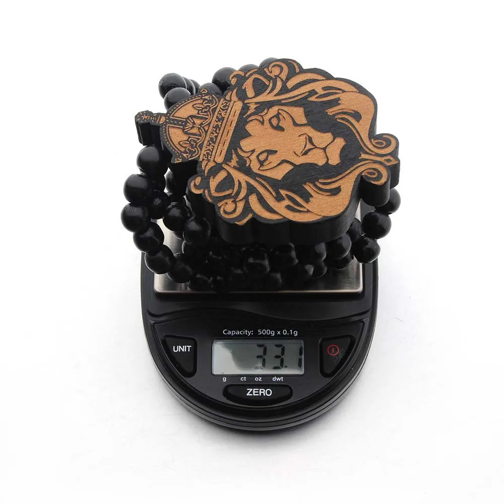 Crowned Lion Pendant Long Necklace Wood Beads