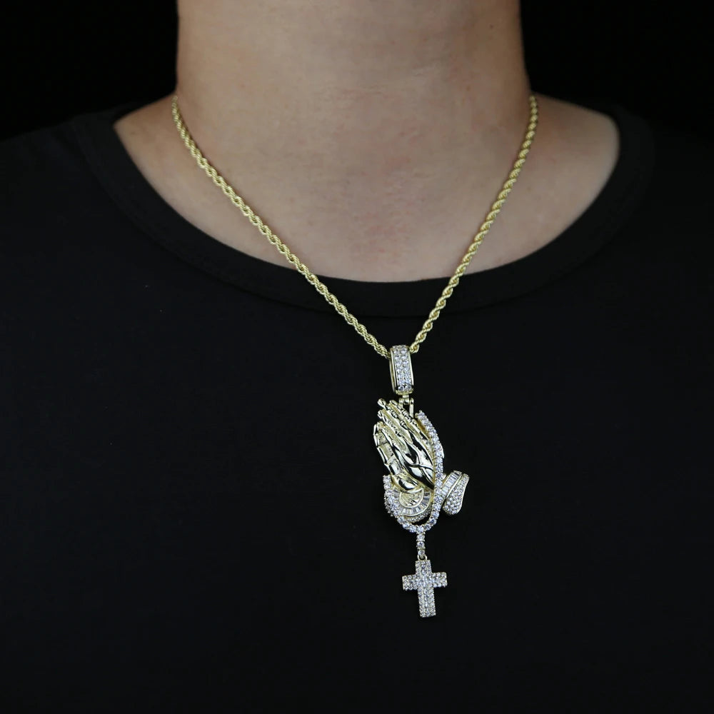 Iced Out Bling Praying Hands Cross Pendants Necklaces