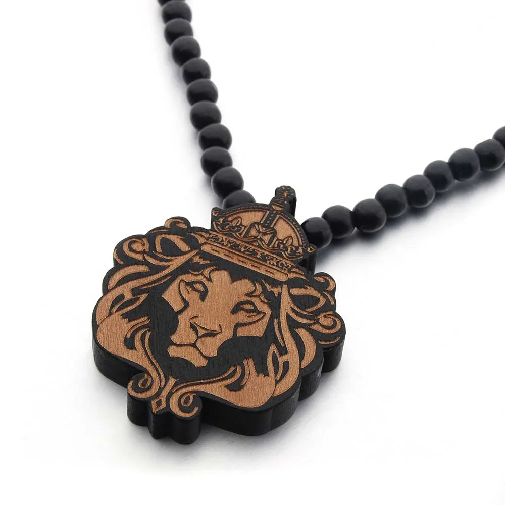 Crowned Lion Pendant Long Necklace Wood Beads