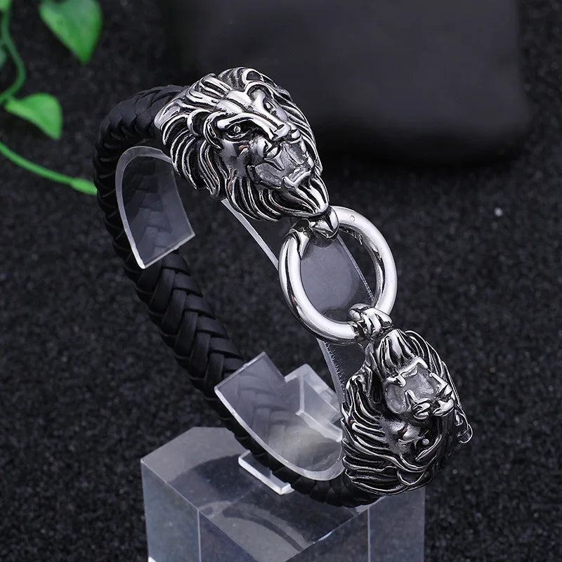 Lion Head Single Layer Handwoven Leather Bracelet