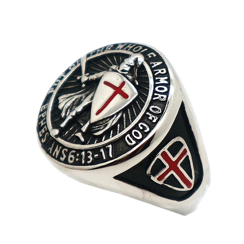Unisex 316L Stainless Steel Saint Paul Ephesians "Put On The Whole Armor Of God" Cross Knight Protect Ring