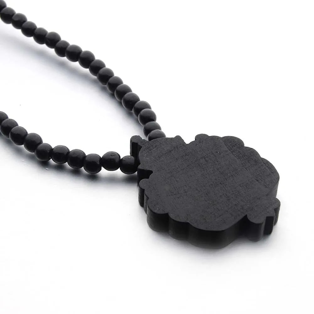 Crowned Lion Pendant Long Necklace Wood Beads