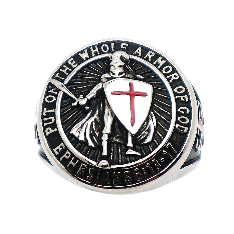 Unisex 316L Stainless Steel Saint Paul Ephesians "Put On The Whole Armor Of God" Cross Knight Protect Ring