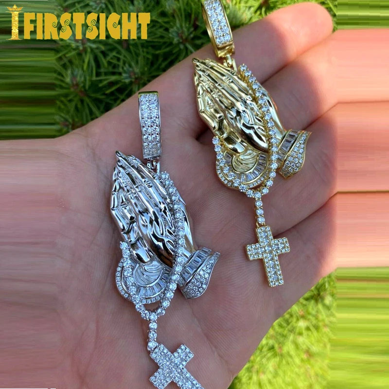 Iced Out Bling Praying Hands Cross Pendants Necklaces