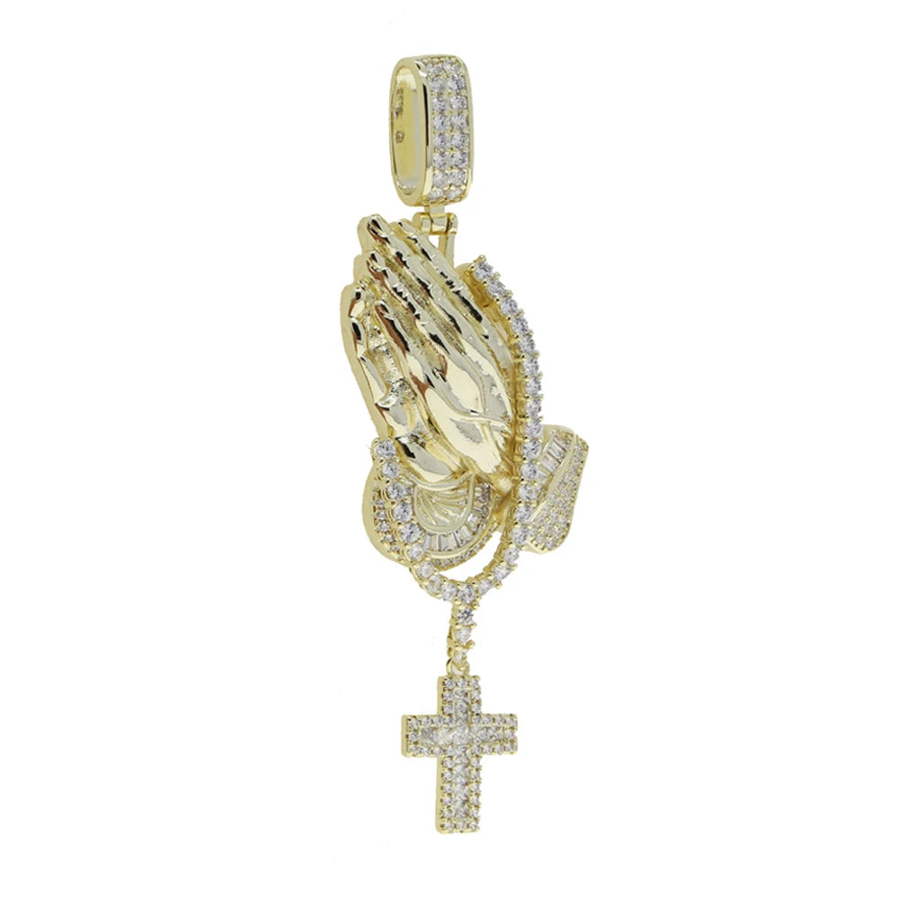 Iced Out Bling Praying Hands Cross Pendants Necklaces