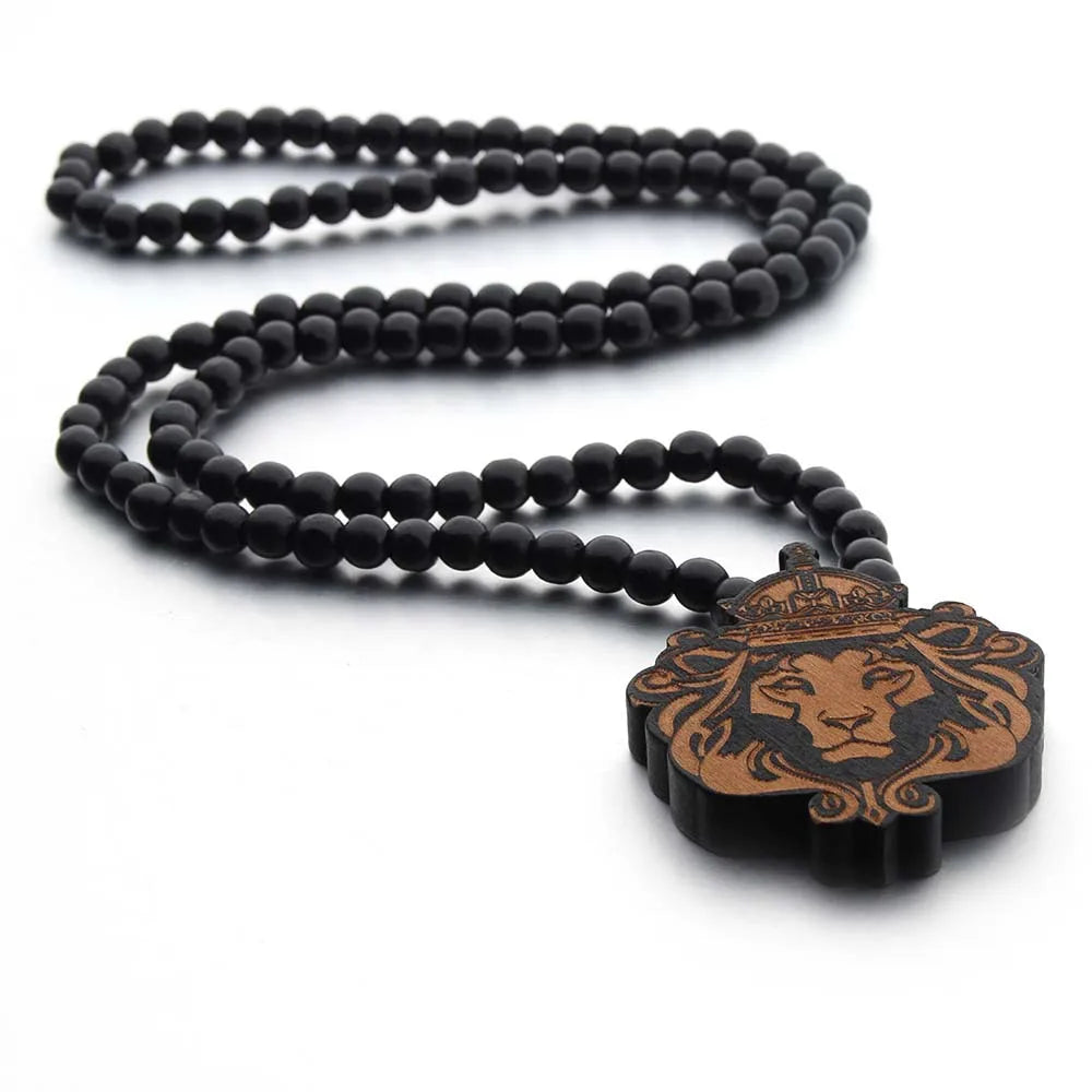 Crowned Lion Pendant Long Necklace Wood Beads
