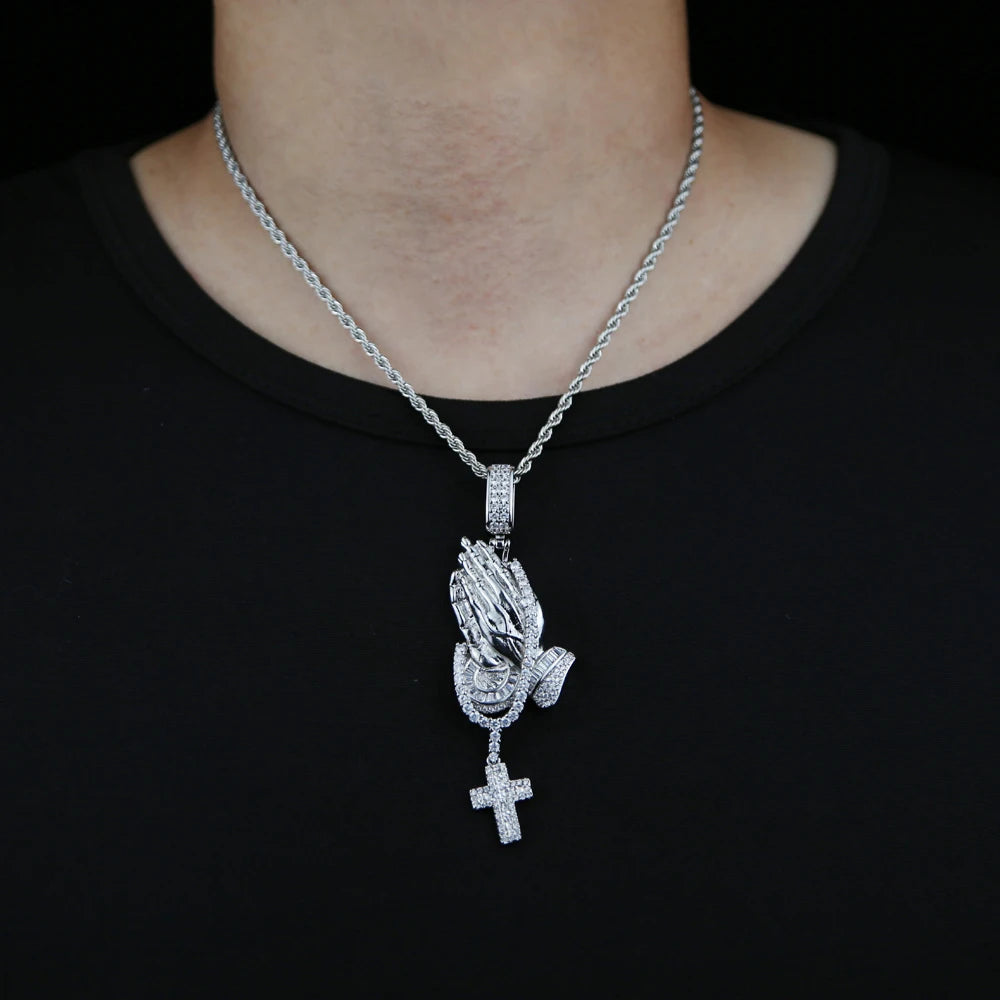 Iced Out Bling Praying Hands Cross Pendants Necklaces