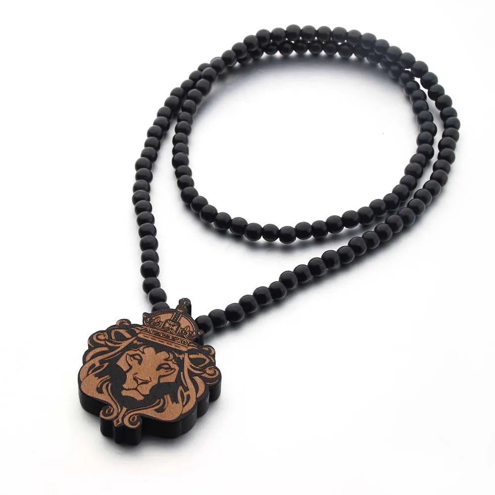 Crowned Lion Pendant Long Necklace Wood Beads