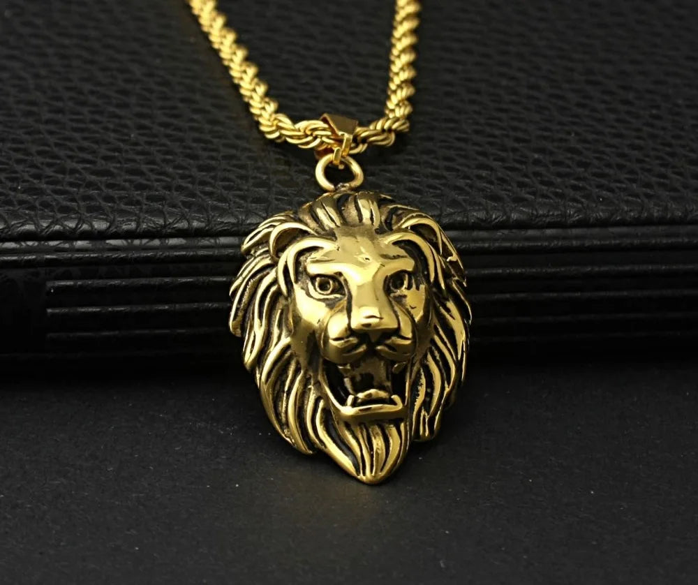 Hip Hop Silver /Gold/Black Color Lion Head Pendant Necklace Stainless Steel