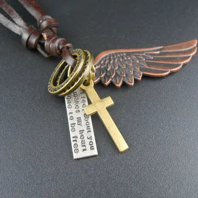 Genuine Leather Necklace with Angel Wing