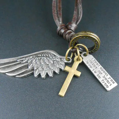 Genuine Leather Necklace with Angel Wing