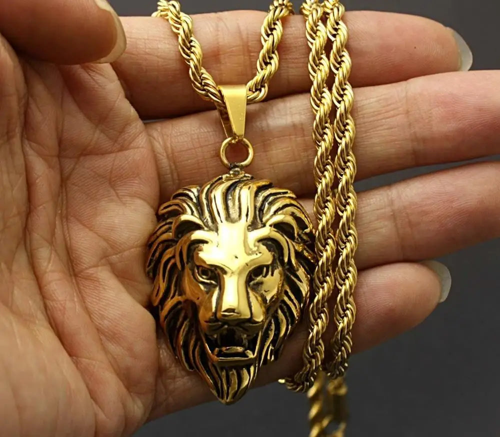 Hip Hop Silver /Gold/Black Color Lion Head Pendant Necklace Stainless Steel