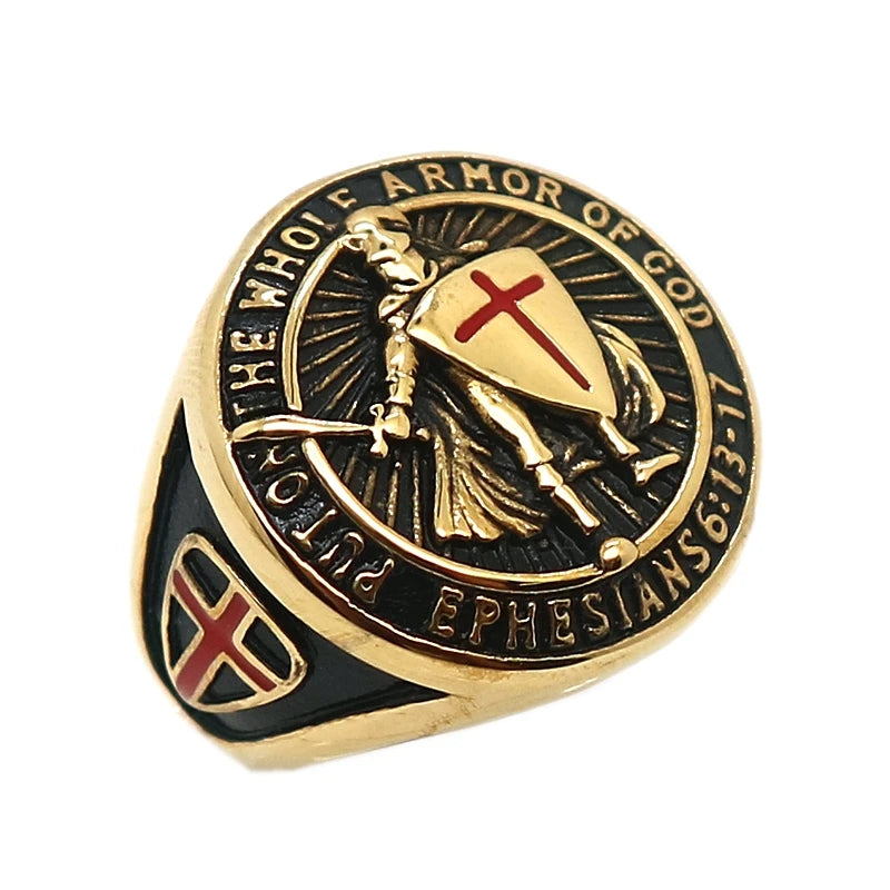 Unisex 316L Stainless Steel Saint Paul Ephesians "Put On The Whole Armor Of God" Cross Knight Protect Ring