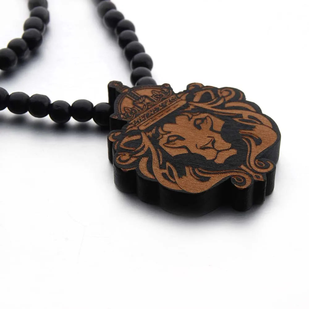 Crowned Lion Pendant Long Necklace Wood Beads