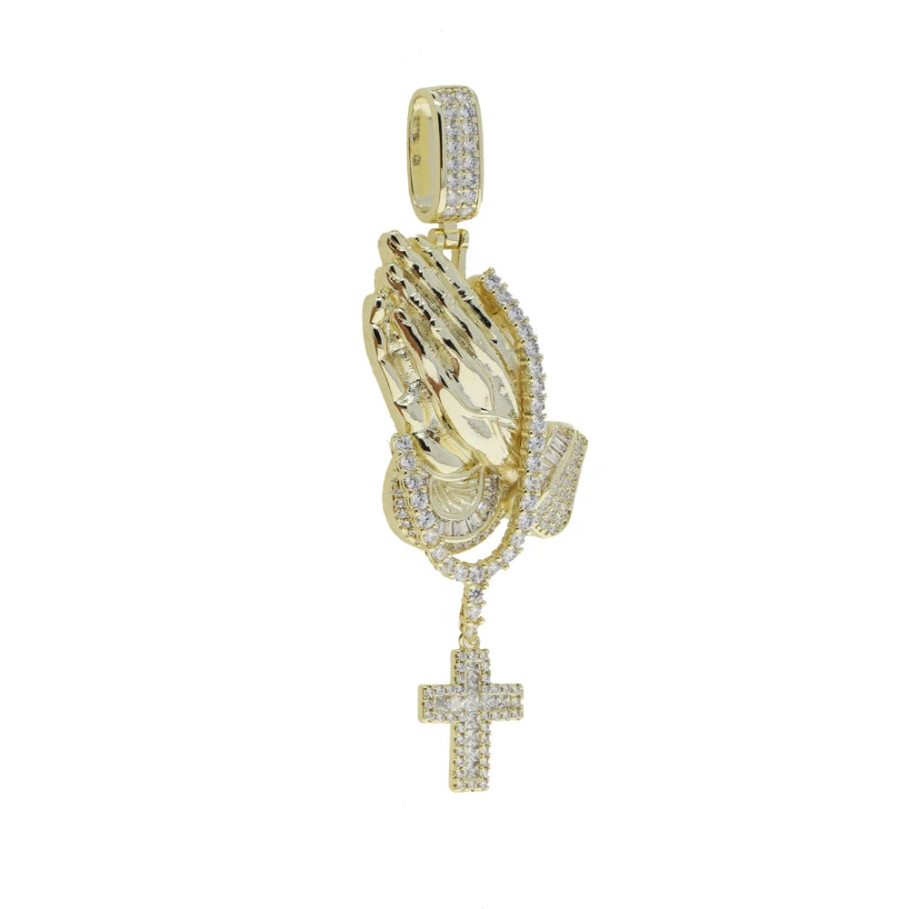 Iced Out Bling Praying Hands Cross Pendants Necklaces