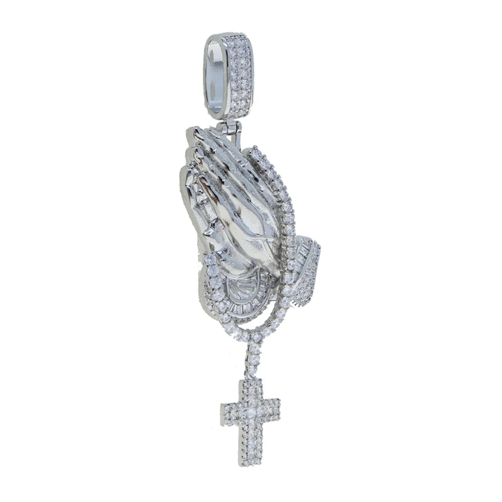 Iced Out Bling Praying Hands Cross Pendants Necklaces