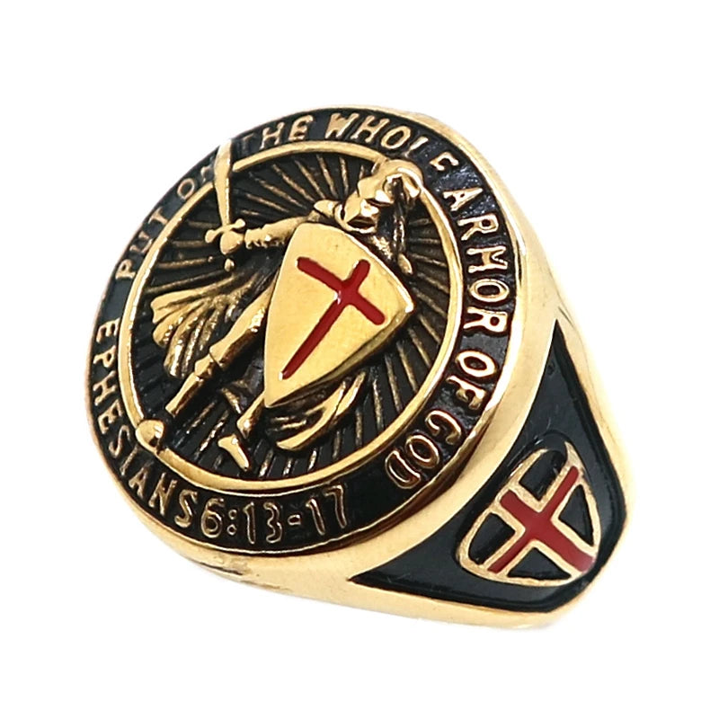 Unisex 316L Stainless Steel Saint Paul Ephesians "Put On The Whole Armor Of God" Cross Knight Protect Ring