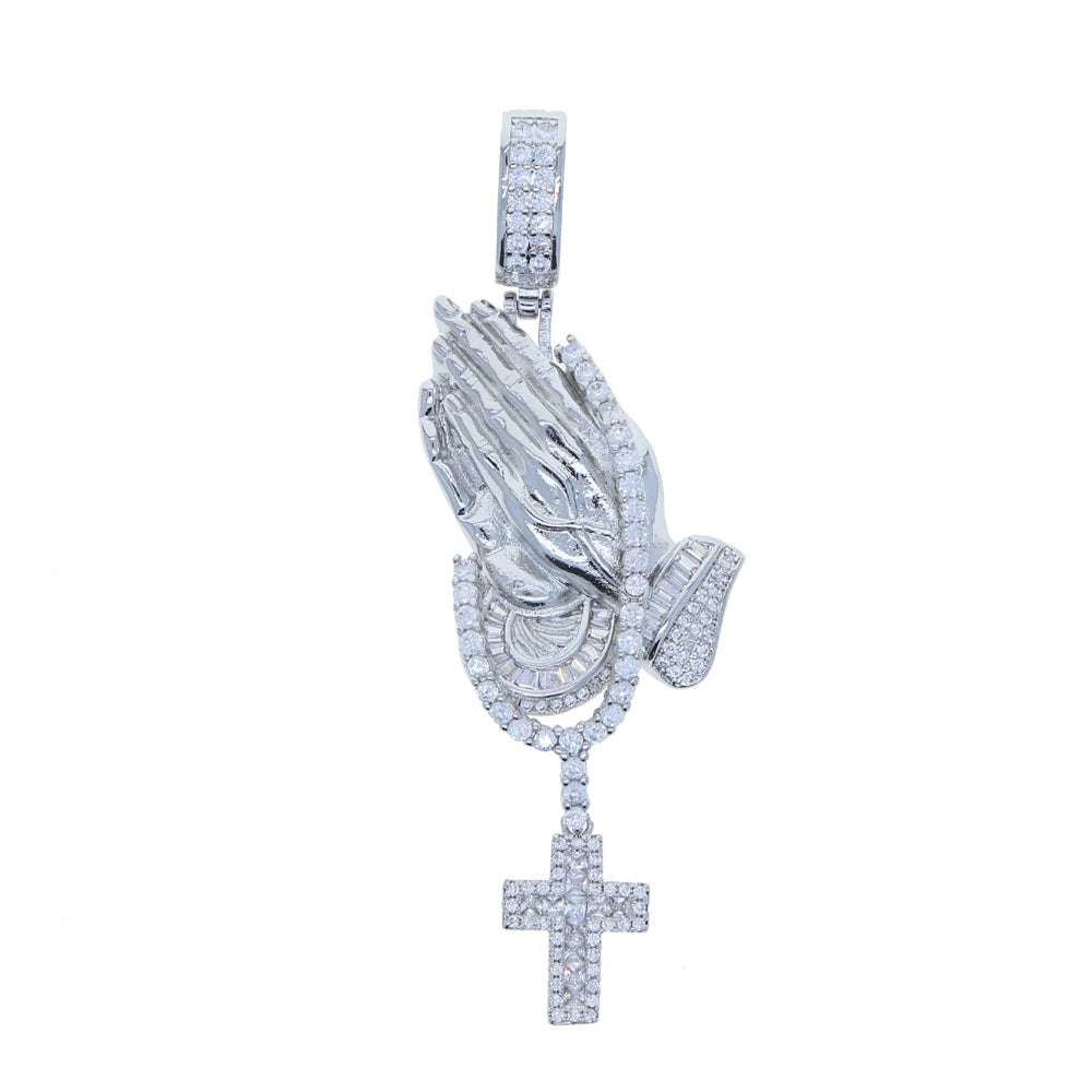 Iced Out Bling Praying Hands Cross Pendants Necklaces