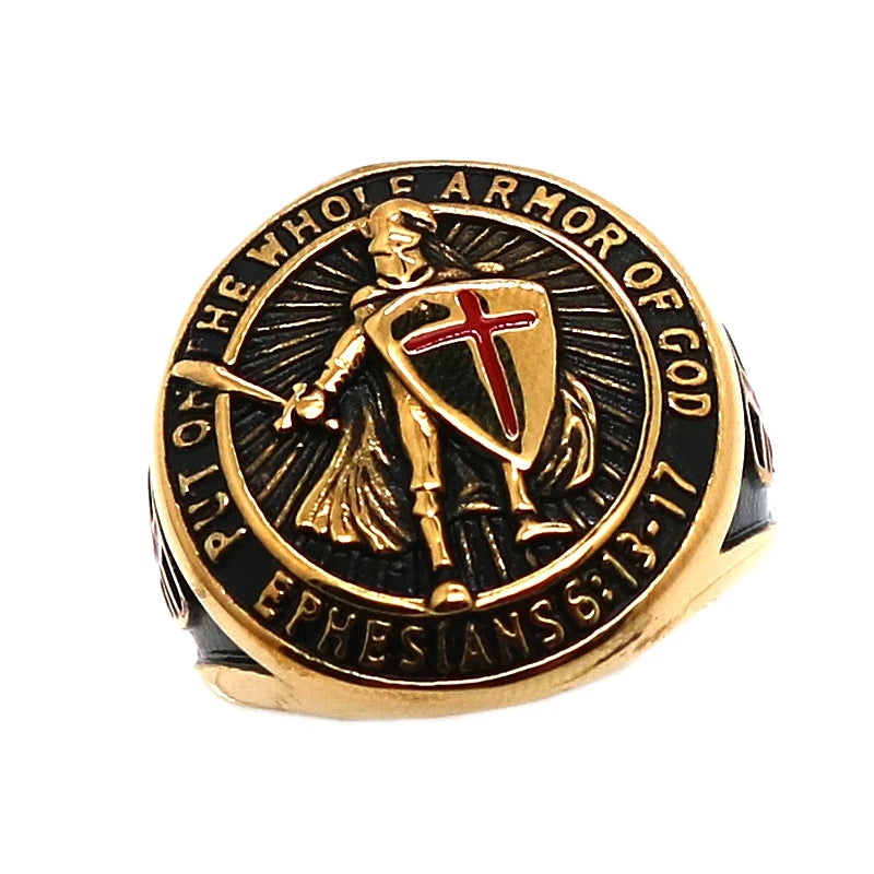 Unisex 316L Stainless Steel Saint Paul Ephesians "Put On The Whole Armor Of God" Cross Knight Protect Ring