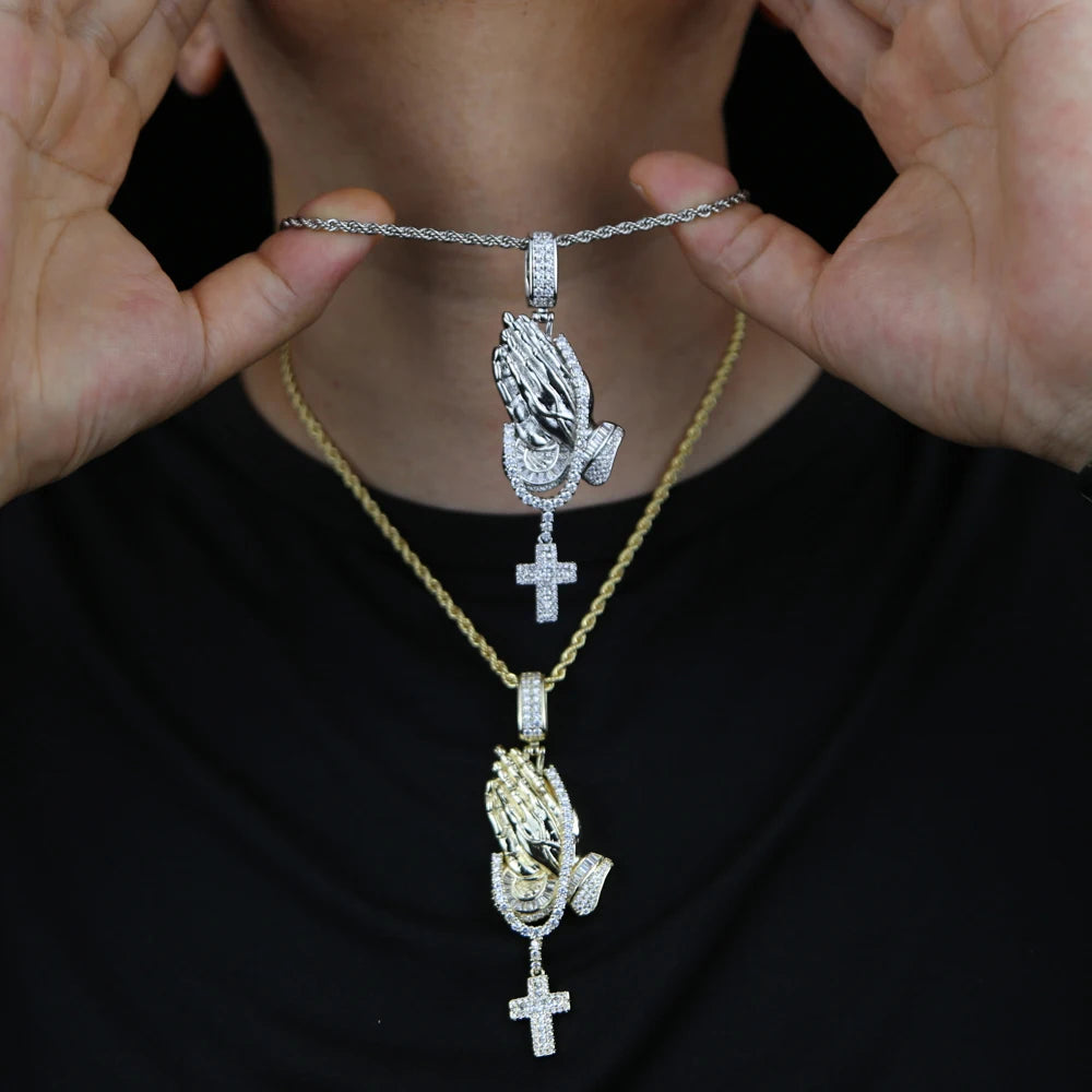 Iced Out Bling Praying Hands Cross Pendants Necklaces