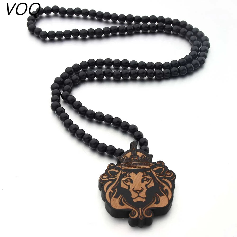 Crowned Lion Pendant Long Necklace Wood Beads