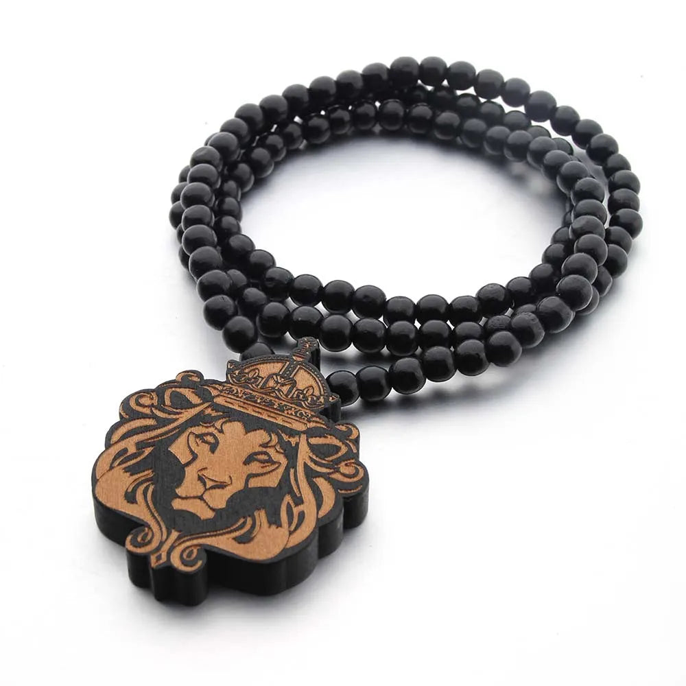 Crowned Lion Pendant Long Necklace Wood Beads