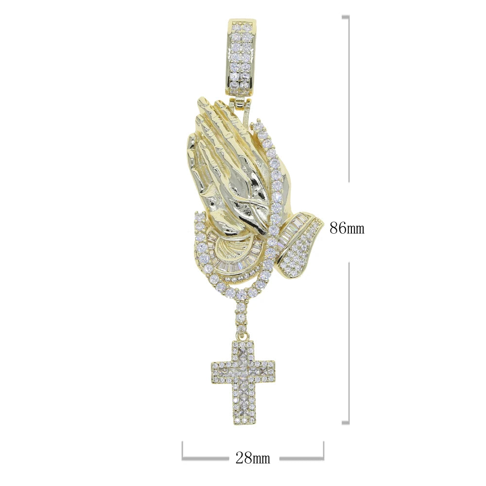 Iced Out Bling Praying Hands Cross Pendants Necklaces