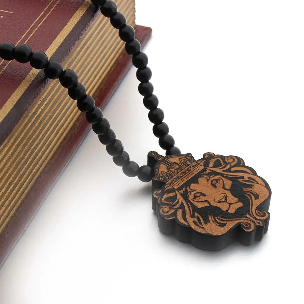 Crowned Lion Pendant Long Necklace Wood Beads