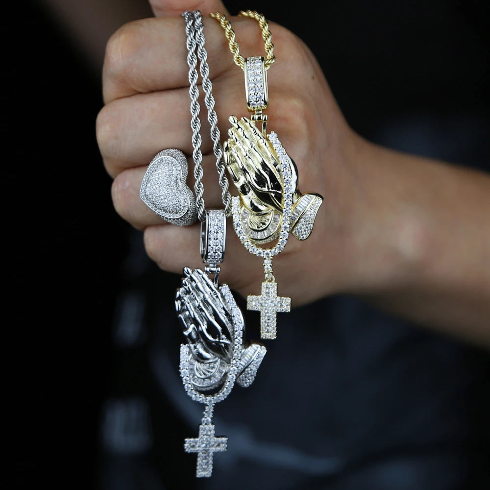 Iced Out Bling Praying Hands Cross Pendants Necklaces