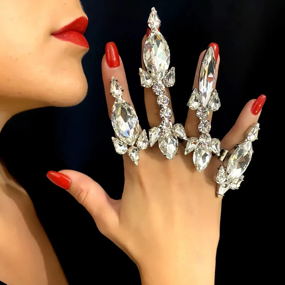 4PCS/Set Rhinestone Oversized Crystal Adjustable Cuff Rings Jewelry